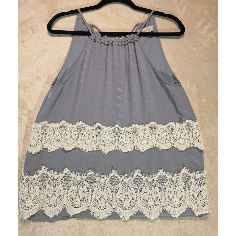 LOFT Gray Lace Trim Sleeveless Blouse Women's Small Tank Top Flowy Boho Romantic